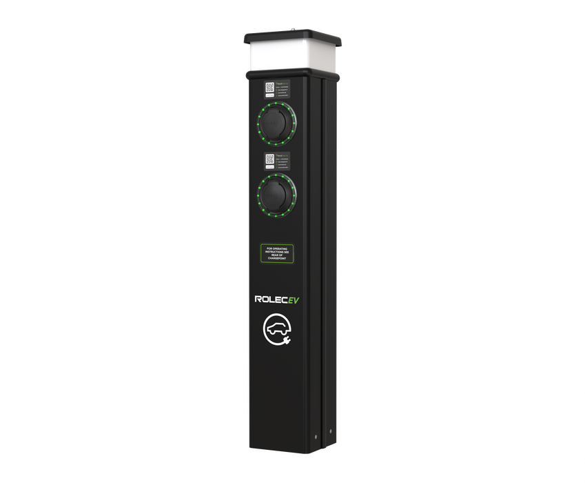 Rolec ROLEC0223B BasicCharge Smart EV Charging Pedestal - 2x up to 22kW 3PH Type 2 Sockets - Black - westbasedirect.com