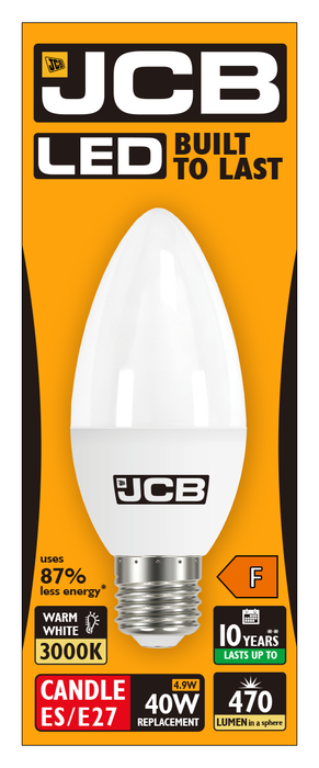 JCB S10983 E27 ES Candle LED Bulb Opal 4.9W 470lm Warm White 3000K - westbasedirect.com