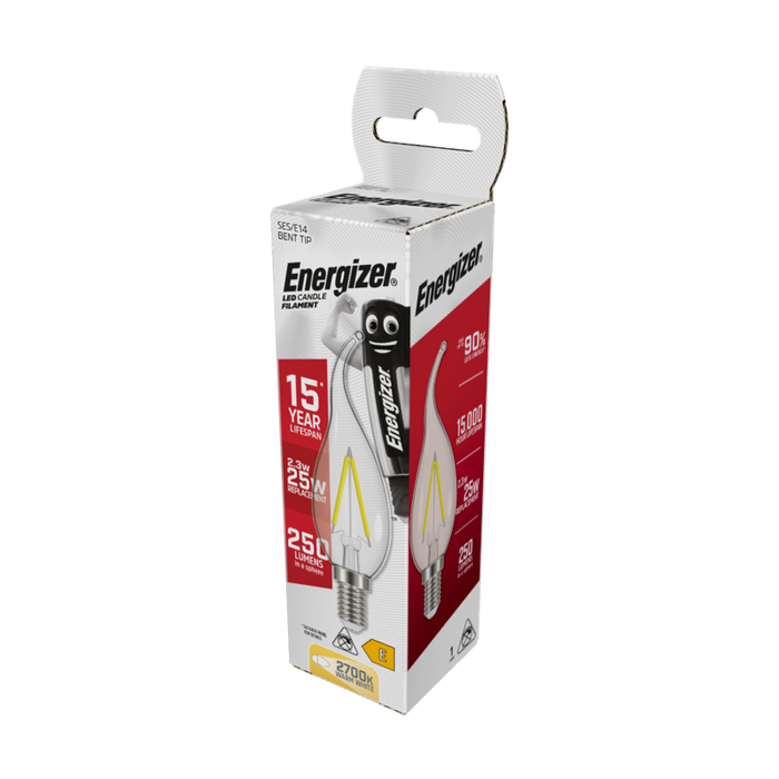 Energizer 2.3W 250lm E14 SES Bent Tip Candle Filament LED Bulb Warm White 2700K - westbasedirect.com