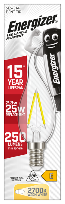 Energizer 2.3W 250lm E14 SES Bent Tip Candle Filament LED Bulb Warm White 2700K - westbasedirect.com