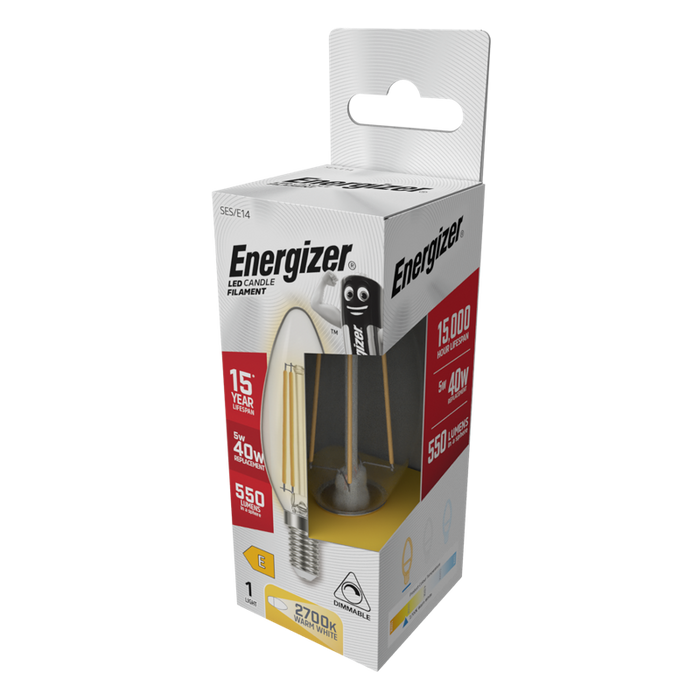 Energizer 4.8W 470lm E14 SES Candle Filament LED Bulb Warm White 2700K Dimmable - westbasedirect.com