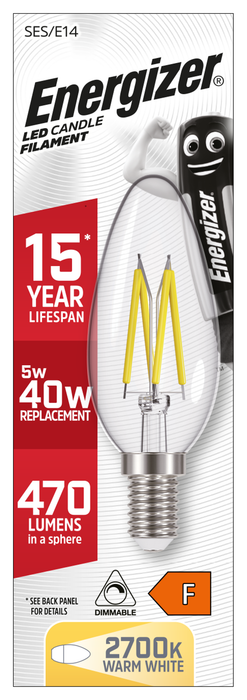 Energizer 4.8W 470lm E14 SES Candle Filament LED Bulb Warm White 2700K Dimmable - westbasedirect.com