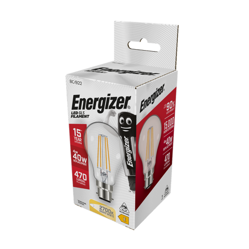 Energizer 4W 470lm B22 BC GLS Filament LED Bulb Warm White 2700K - westbasedirect.com