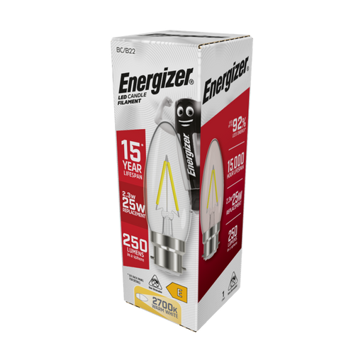 Energizer 2.3W 250lm B22 BC Candle Filament LED Bulb Warm White 2700K - westbasedirect.com