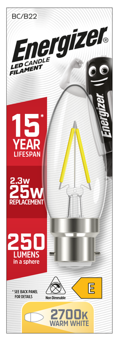 Energizer 2.3W 250lm B22 BC Candle Filament LED Bulb Warm White 2700K - westbasedirect.com