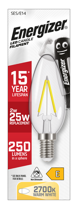Energizer 2.3W 250lm E14 SES Candle Filament LED Bulb Warm White 2700K - westbasedirect.com