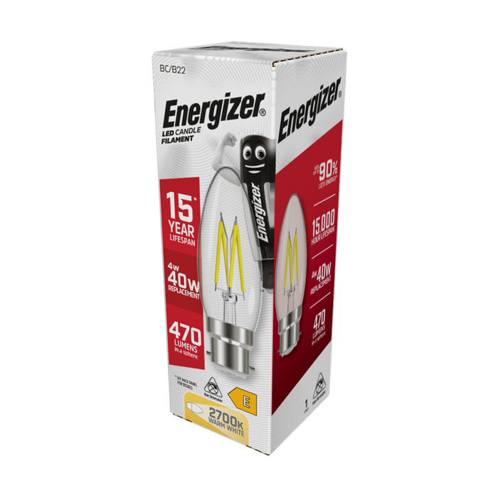 Energizer S12868 4W 470lm B22 BC Candle Filament LED Bulb Warm White 2700K - westbasedirect.com