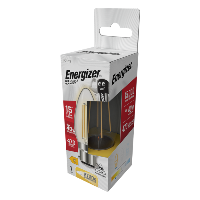Energizer S12868 4W 470lm B22 BC Candle Filament LED Bulb Warm White 2700K - westbasedirect.com
