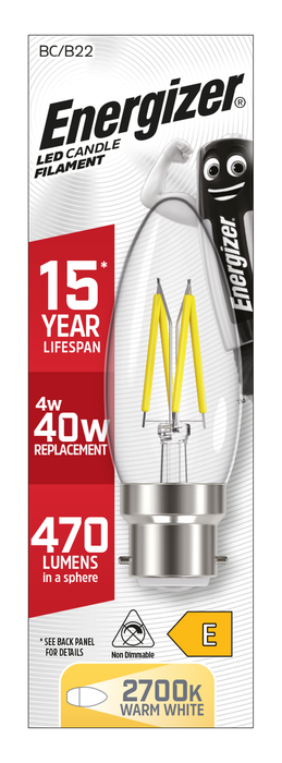 Energizer 4W 470lm B22 BC Candle Filament LED Bulb Warm White 2700K - westbasedirect.com