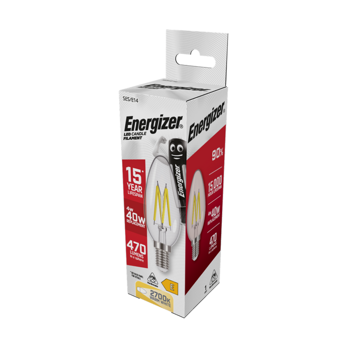 Energizer 4W 470lm E14 SES Candle Filament LED Bulb Warm White 2700K - westbasedirect.com