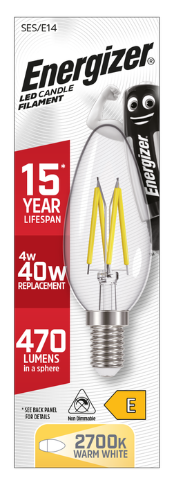 Energizer 4W 470lm E14 SES Candle Filament LED Bulb Warm White 2700K - westbasedirect.com