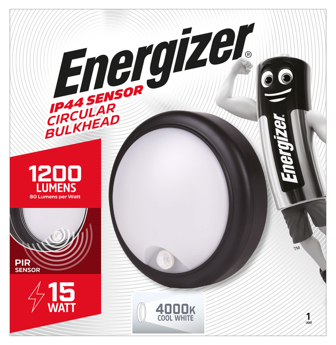 Energizer S12973 15W IP54 Polycarbonate Round LED Bulkhead with PIR Sensor 4000K - westbasedirect.com