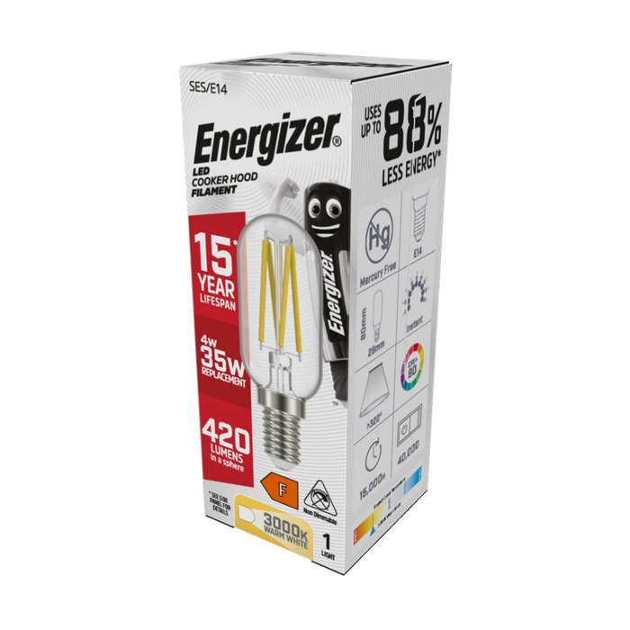 Energizer 3.8W 420lm E14 SES Filament Cookerhood LED Bulb Warm White 3000K - westbasedirect.com