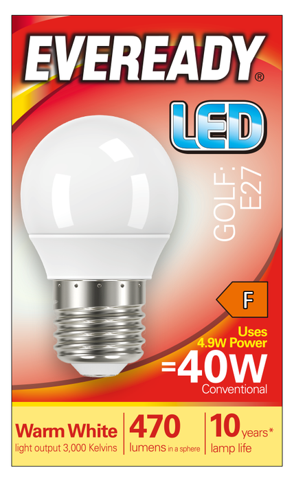 Eveready S13606 E27 ES Golf LED Bulb Opal 4.9W 470lm Warm White 3000K - westbasedirect.com