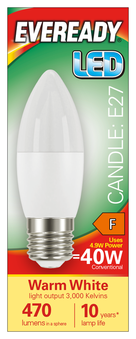 Eveready S13614 E27 ES Candle LED Bulb Opal 4.9W 470lm Warm White 3000K (5 Pack) - westbasedirect.com