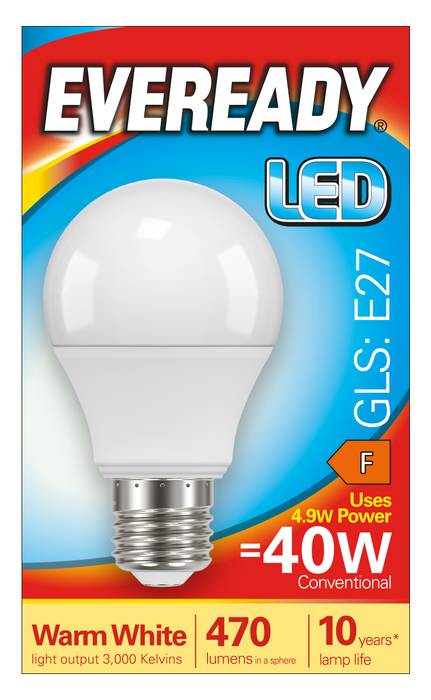 Eveready S13620 E27 ES GLS LED Bulb Opal 4.9W 470lm Warm White 3000K - westbasedirect.com