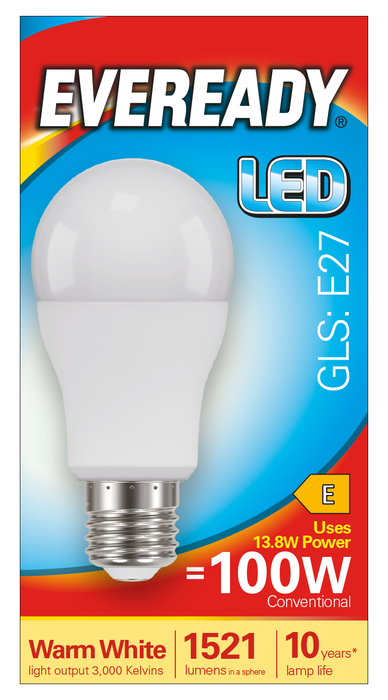 Eveready S13628 E27 ES GLS LED Bulb Opal 13.8W 1521lm Warm White 3000K (5 Pack) - westbasedirect.com