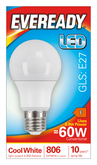 Eveready S14315 E27 ES GLS LED Bulb Opal 8.8W 806lm Cool White 4000K - westbasedirect.com