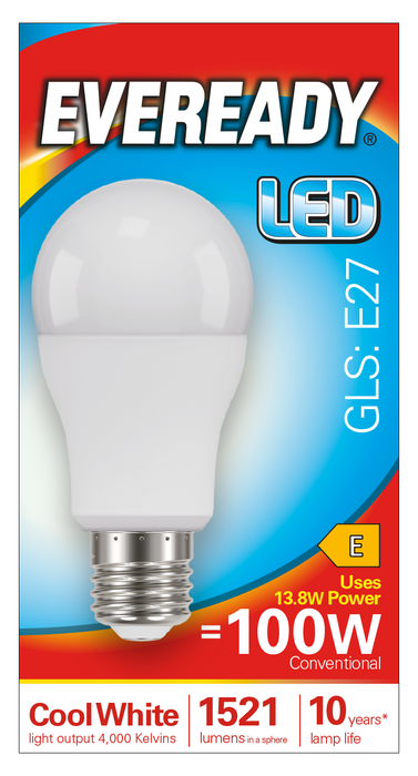 Eveready S14317 E27 ES GLS LED Bulb Opal 13.8W 1521lm Cool White 4000K (5 Pack) - westbasedirect.com