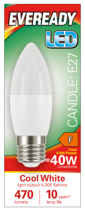 Eveready S14324 E27 ES Candle LED Bulb Opal 4.9W 470lm Cool White 4000K - westbasedirect.com