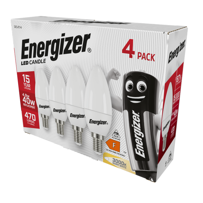 Energizer 5.2W 470lm E14 SES Candle LED Bulb Opal Warm White 3000K (4 Pack) - westbasedirect.com