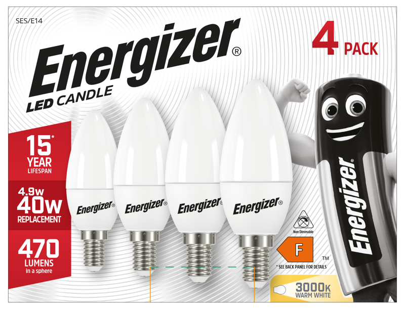 Energizer 5.2W 470lm E14 SES Candle LED Bulb Opal Warm White 3000K (4 Pack) - westbasedirect.com