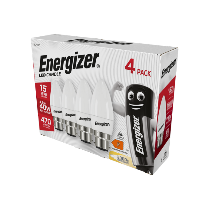 Energizer 5.2W 470lm B22 BC Candle LED Bulb Opal Warm White 3000K (4 Pack) - westbasedirect.com