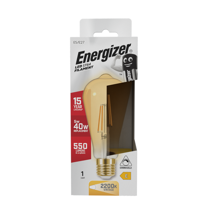 Energizer 5W 470lm E27 ES ST64 Filament Gold LED Bulb Warm White 2200K Dimmable - westbasedirect.com