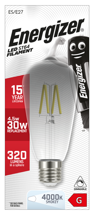 Energizer 4.5W 320lm E27 ES ST64 Filament Smokey LED Bulb Cool White 4000K Dimmable - westbasedirect.com