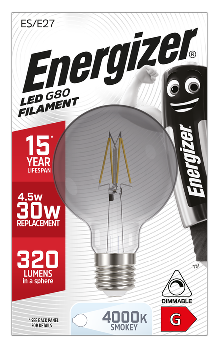 Energizer 4.5W 320lm E27 ES G80 Filament Smokey LED Bulb Cool White 4000K Dimmable - westbasedirect.com