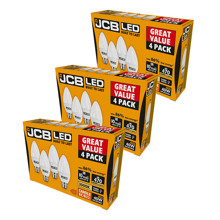 JCB S15145 B22 BC Candle LED Bulb Opal 5.5W 470lm Warm White 3000K (12 Pack) - westbasedirect.com