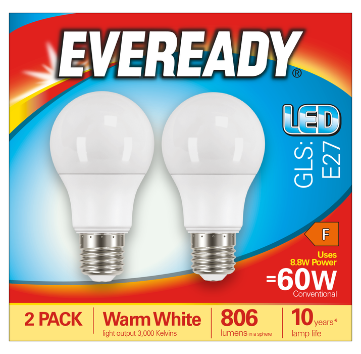 Eveready S15303 E27 ES GLS LED Bulb Opal 8.8W 806lm Warm White 3000K (2 Pack) - westbasedirect.com