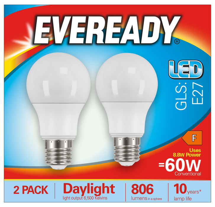 Eveready S15304 E27 ES GLS LED Bulb Opal 8.8W 806lm Daylight 6500K (2 Pack) - westbasedirect.com