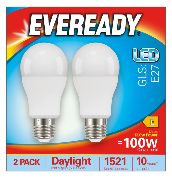 Eveready S15308 E27 ES GLS LED Bulb Opal 13.8W 1521lm Daylight 6500K (2 Pack) - westbasedirect.com