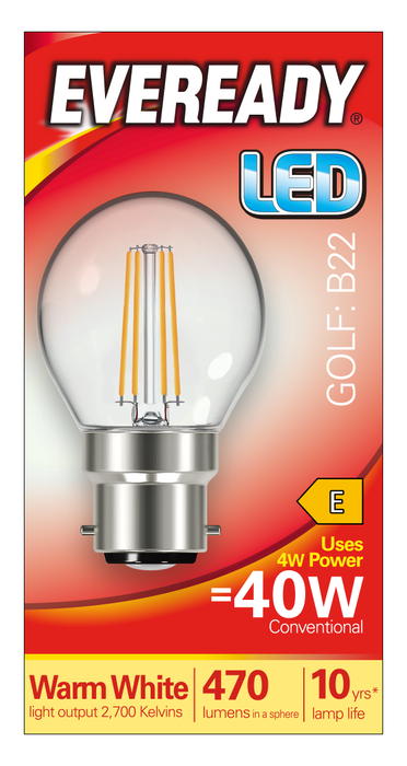 Eveready S15479 B22 BC Golf Filament Clear LED Bulb 4W 470lm Warm White 2700K (5 Pack) - westbasedirect.com