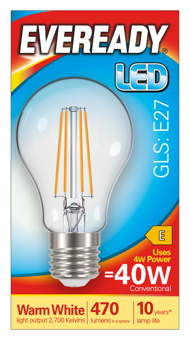 Eveready S15484 E27 ES GLS Filament Clear LED Bulb 4W 470lm Warm White 2700K - westbasedirect.com