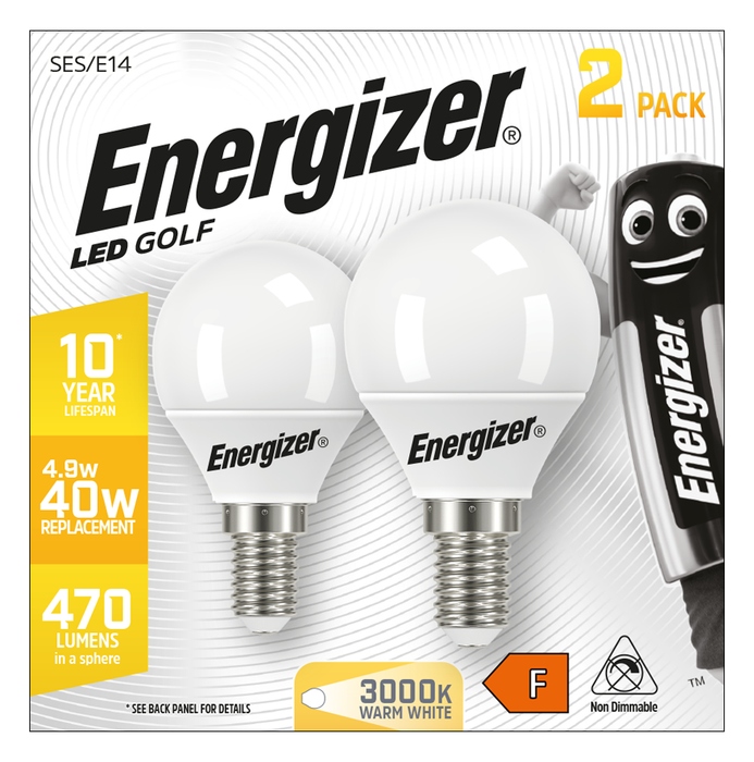 Energizer S16708 4.9W 470lm E14 SES Golf LED Bulb Opal Warm White 3000K Boxed (2 Pack) - westbasedirect.com