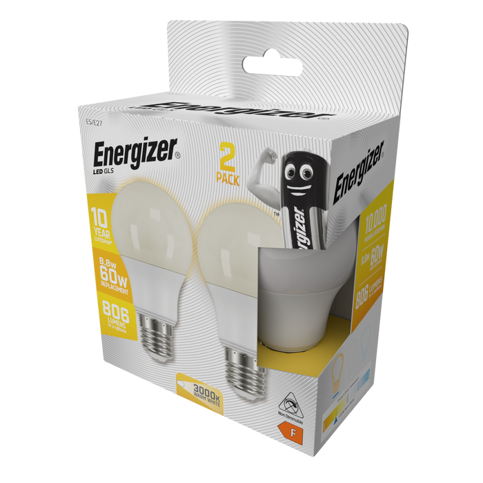 Energizer S16710 8.8W 806lm E27 ES GLS LED Bulb Opal Warm White 3000K Boxed (2 Pack) - westbasedirect.com