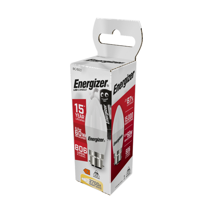 Energizer S17355 8.5W 806lm B22 BC Candle LED Bulb Opal Warm White 2700K - westbasedirect.com