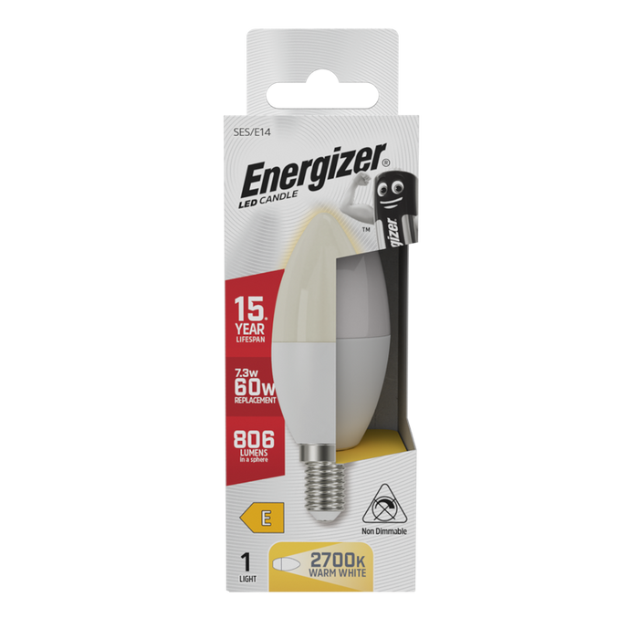 Energizer 7.3W 806lm E14 SES Candle LED Bulb Opal Warm White 2700K - westbasedirect.com