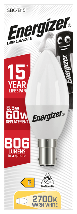 Energizer 7.3W 806lm B15 SBC Candle LED Bulb Opal Warm White 2700K - westbasedirect.com