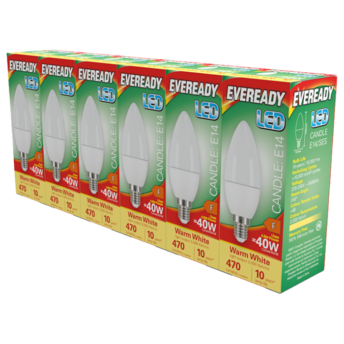 Eveready S29507 E14 SES Candle LED Bulb Opal 4.9W 470lm Warm White 3000K (5+1 Pack) - westbasedirect.com
