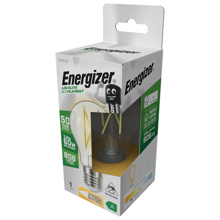 Energizer S29628 A Rated LED Elite GLS E27 Filament 806lm 3.8W 2700K (Warm White) - westbasedirect.com