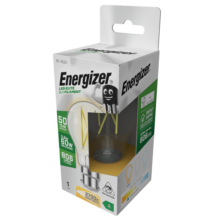 Energizer S29630 A Rated LED Elite GLS B22 Filament 806lm 3.8W 2700K (Warm White) - westbasedirect.com
