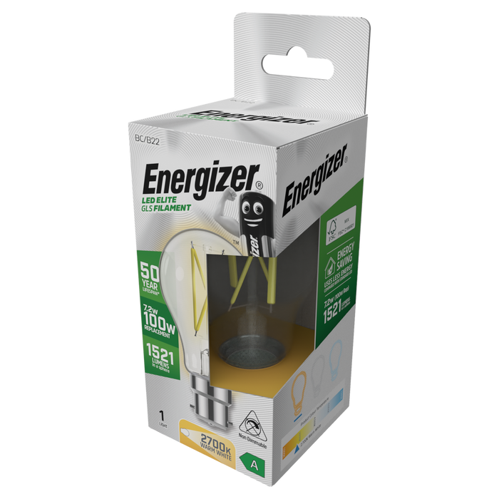 Energizer S29634 A Rated LED Elite GLS B22 Filament 1521lm 7.2W 2700K (Warm White) - westbasedirect.com