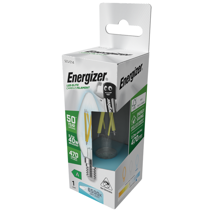 Energizer S29641 A Rated LED Elite Candle E14 Filament 470lm 2.2W 6500K (Daylight) - westbasedirect.com