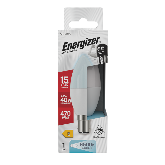 Energizer S29744 4.2W 470lm B22 BC Candle LED Bulb Opal Daylight 6500K Boxed - westbasedirect.com