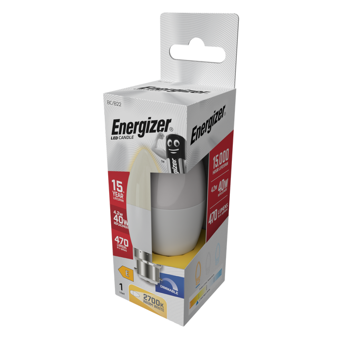 Energizer S29767 4.2W 470lm B22 BC Candle LED Bulb Opal Warm White 2700K Dimmable - westbasedirect.com