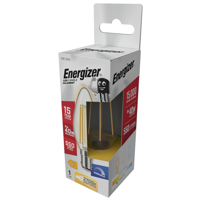 Energizer S29784 5W 550lm B15 SBS Candle Filament LED Bulb Warm White 2700K Dimmable - westbasedirect.com