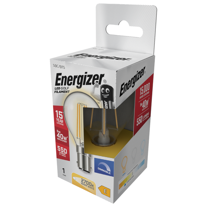 Energizer S29789 5W 550lm B15 SBS Golf Filament LED Bulb Warm White 2700K Dimmable - westbasedirect.com
